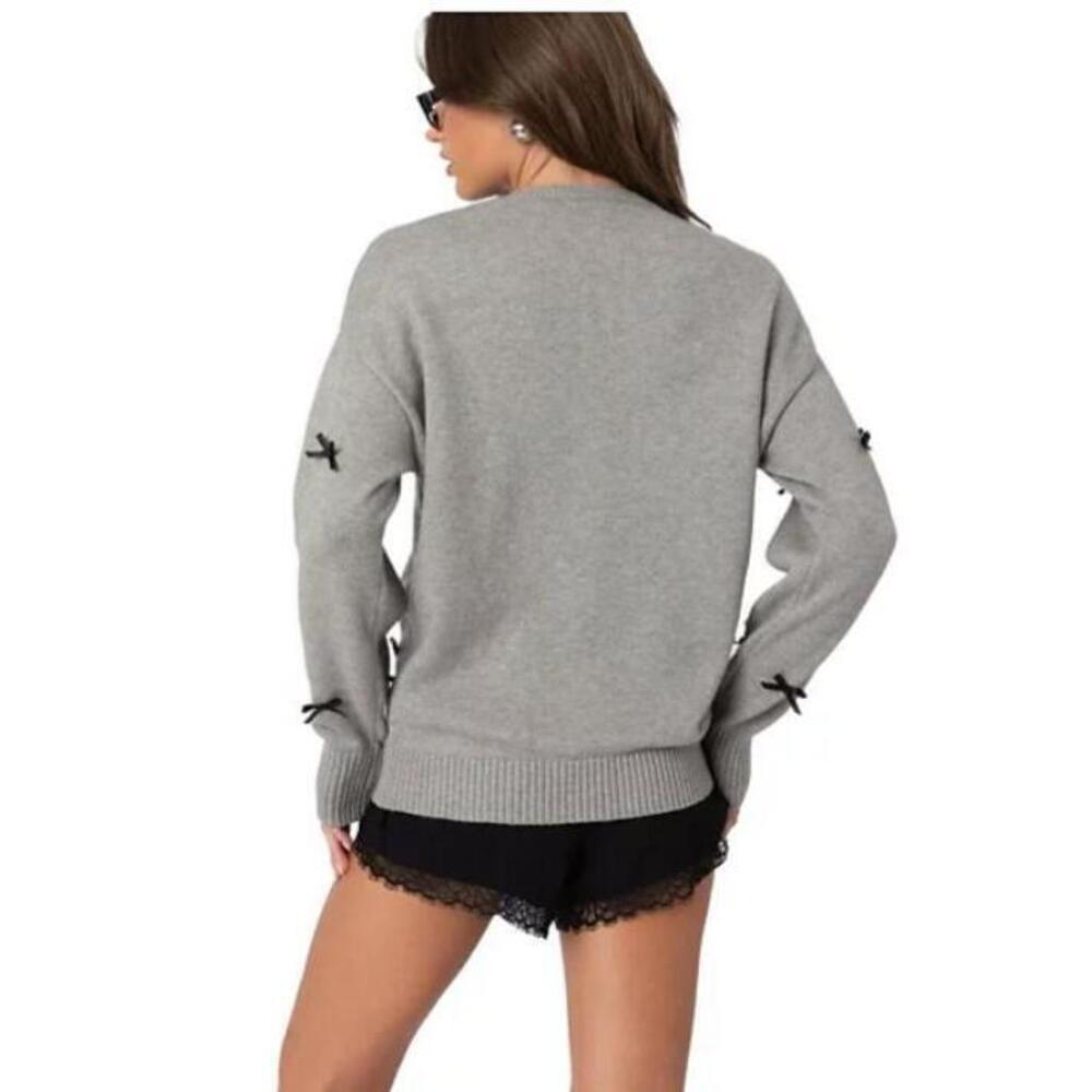 Edikted Women's Gray Satin Bow Oversized Sweater XS NWT - Picture 2 of 4
